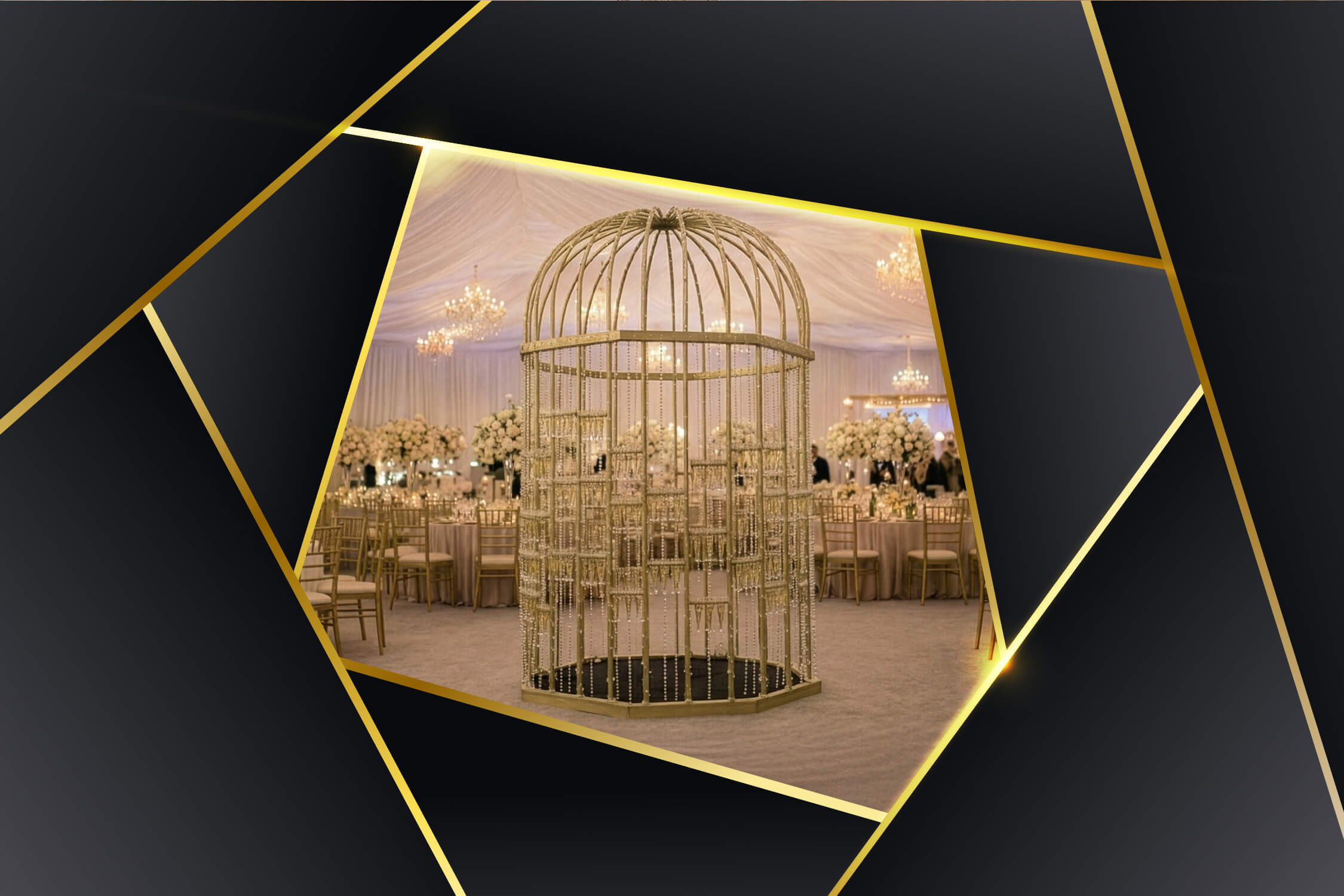 Golden birdcage filled with champagne flutes and a hostess at a Las Vegas wedding