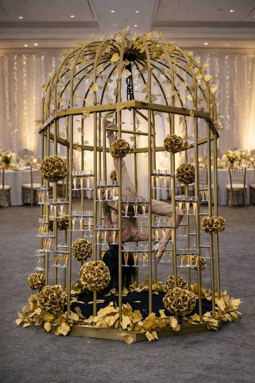 Reaching for a champagne flute inside the gold birdcage