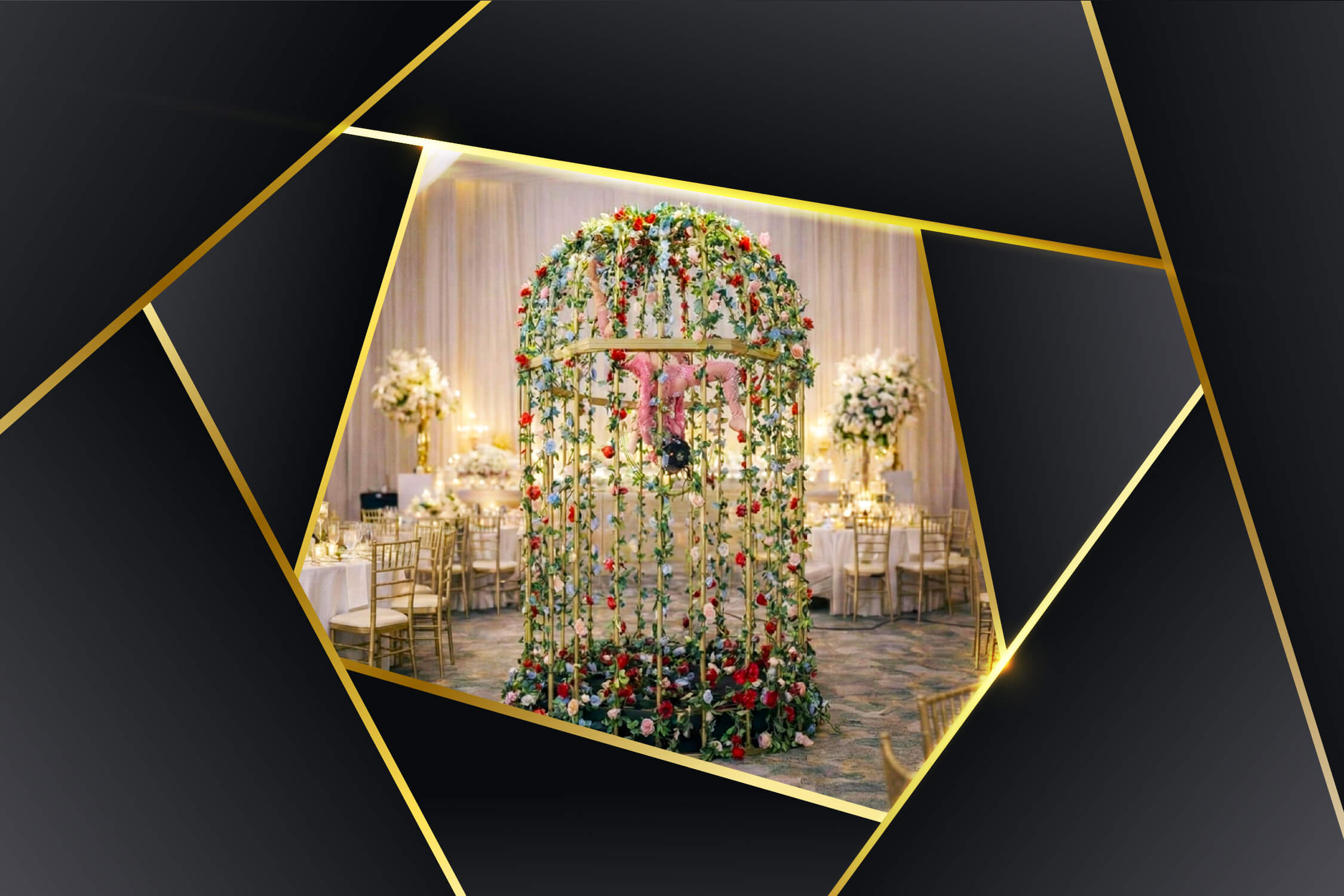 Floral birdcage aerial prop with a performer inside at a Las Vegas event