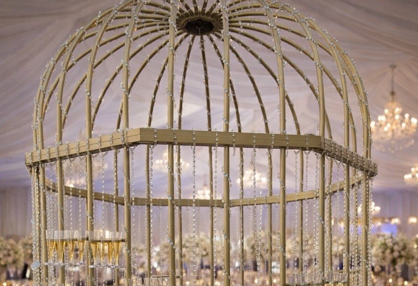 Birdcage With Champagne — golden cage holding champagne glasses at a wedding