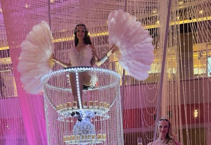 Champagne Martini Server crystal tower with feather-fan performers