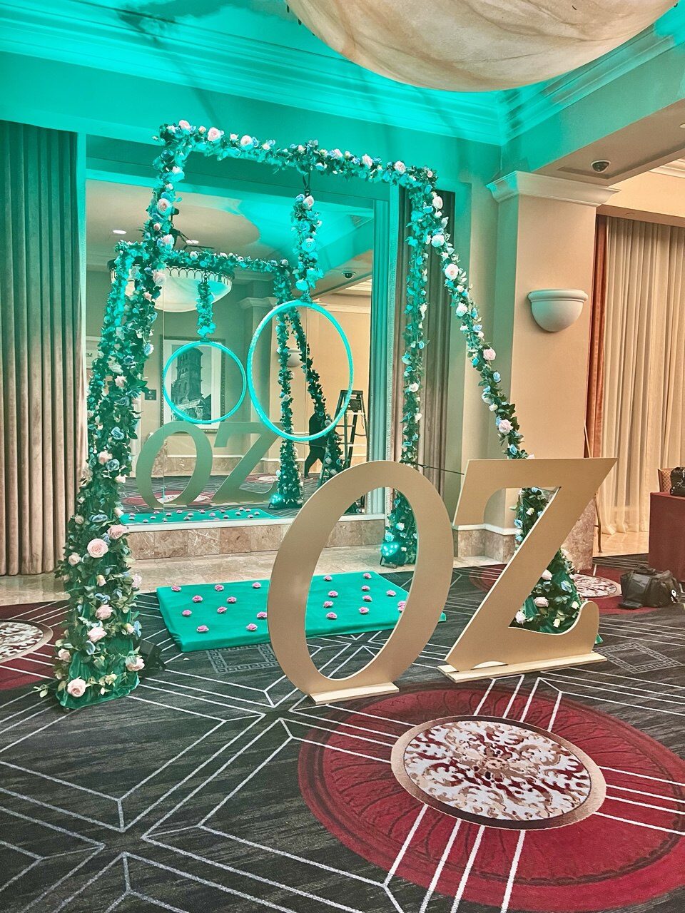 Garlanded floral rig installed in a casino hall