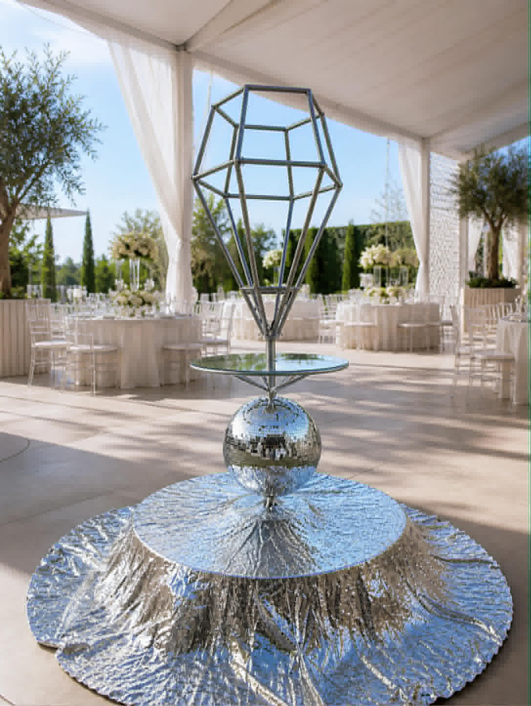 LED diamond on a mirrored disco-ball base, daylight terrace