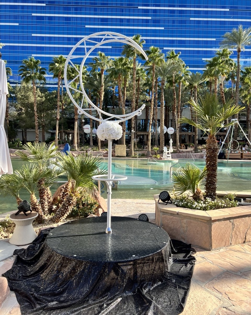 LED Moon crescent aerial prop by the pool at a Las Vegas resort
