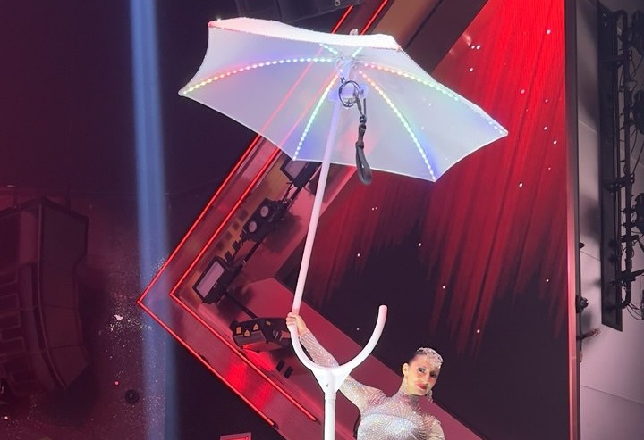 LED Umbrella prop on pole with two glowing ground umbrellas