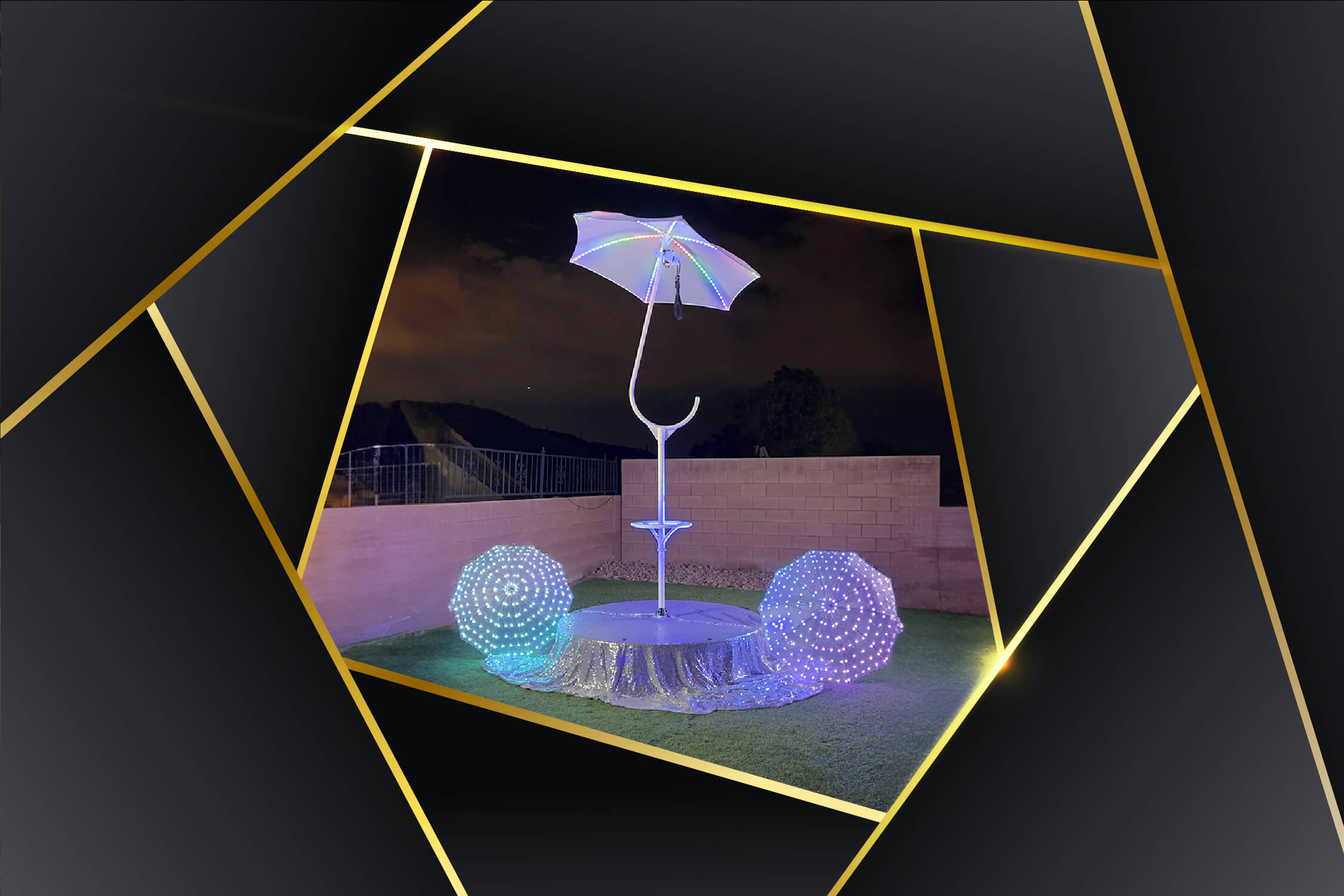 Illuminated LED umbrella aerial prop with a performer at a Las Vegas event