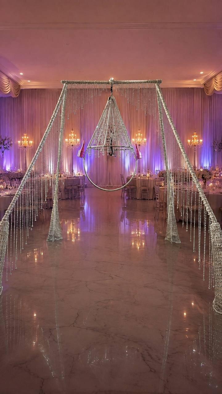 Portable aerial rigging in a Crystal theme with an aerial chandelier at a Las Vegas ballroom